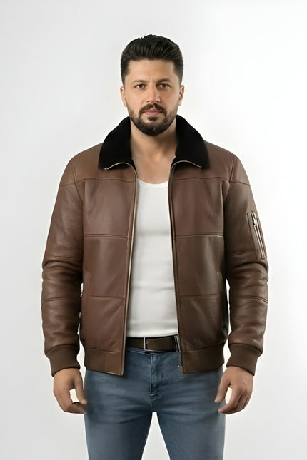 Men's Brown Sheepskin Leather Aviator Bomber Jacket
