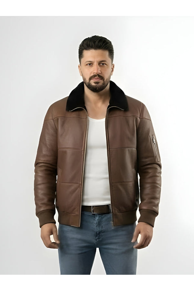 Men's Brown Sheepskin Leather Aviator Bomber Jacket