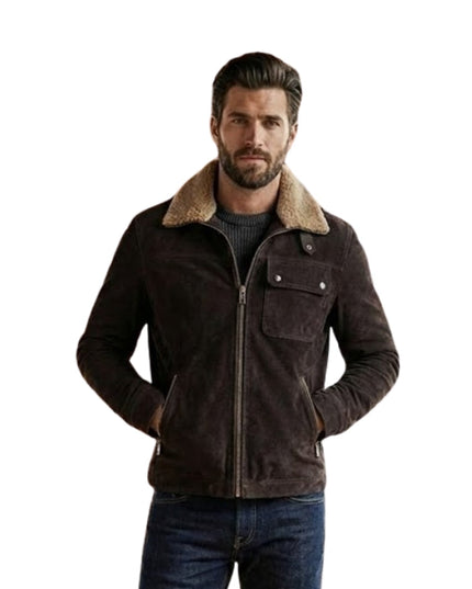 Man wearing a brown jacket with a fur collar on a white background