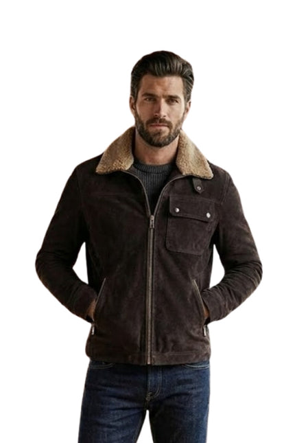 Man wearing a brown jacket with a fur collar on a white background