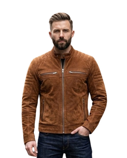 Man wearing a brown leather jacket on a white background