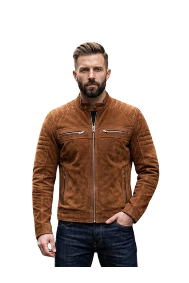 Man wearing a brown leather jacket on a white background