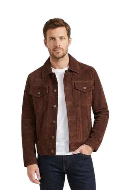 Man wearing a brown suede jacket over a white shirt on a white background