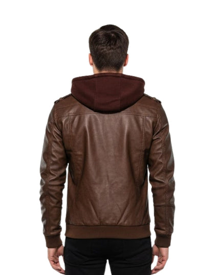 Brown leather jacket with hood on a white background
