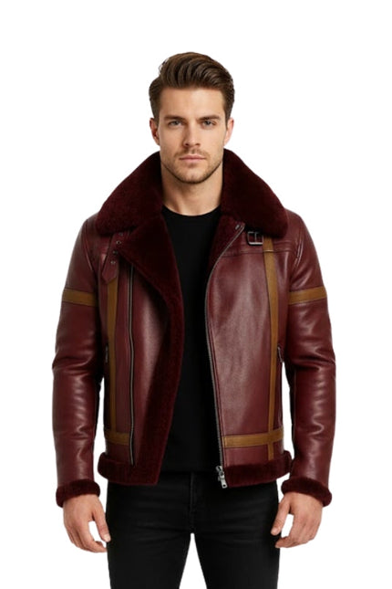 Man wearing a maroon leather jacket with fur collar on a white background