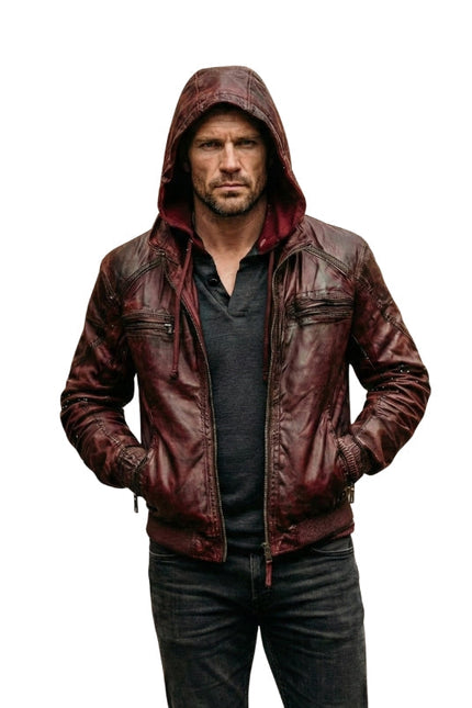 Men's Burgundy Distressed hooded - Bomber Jacket