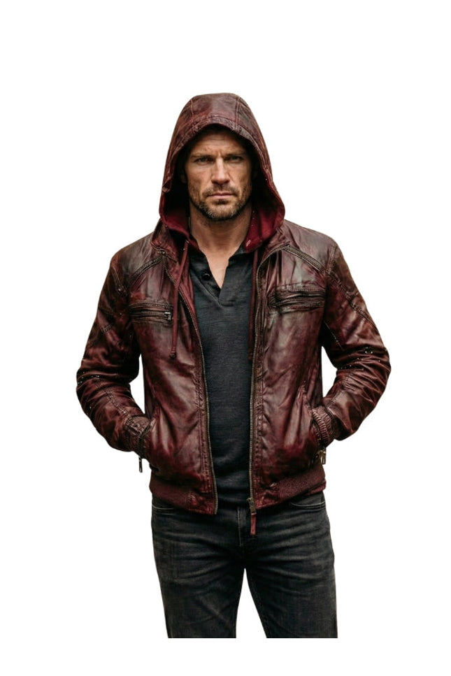 Men's Burgundy Distressed hooded - Bomber Jacket