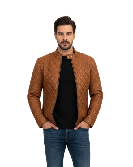 Man wearing a brown quilted jacket and blue jeans on a white background