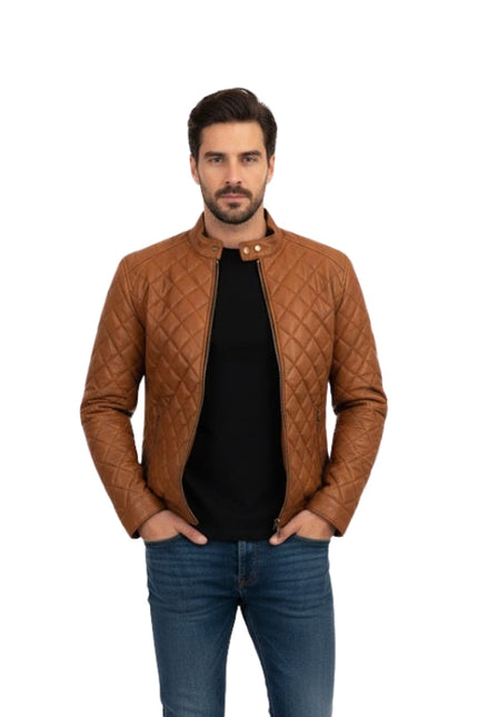 Man wearing a brown quilted jacket and blue jeans on a white background