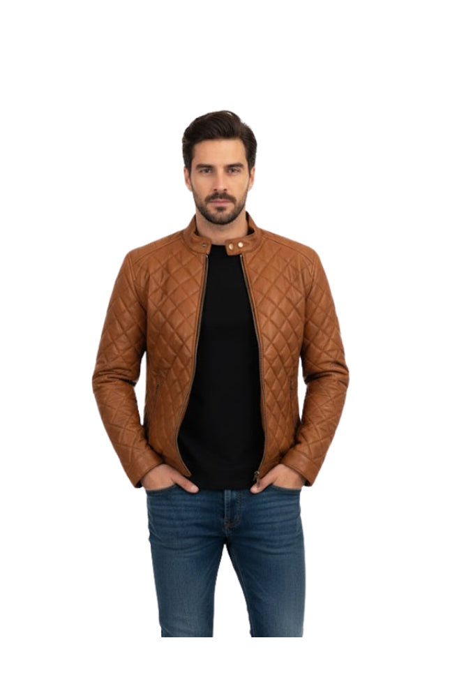 Man wearing a brown quilted jacket and blue jeans on a white background