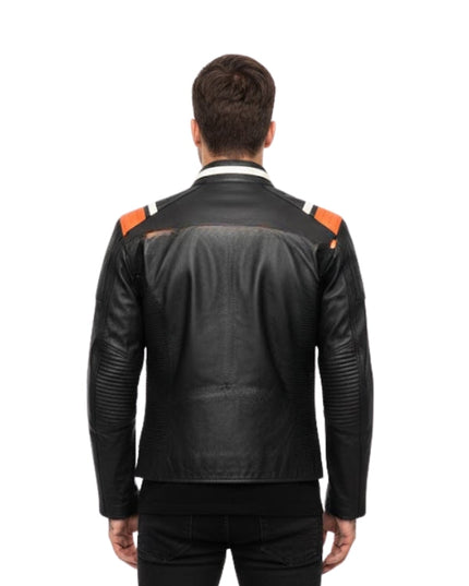 Black leather jacket with orange accents on a white background