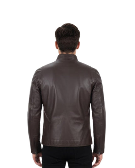 Man wearing a brown leather jacket on a white background