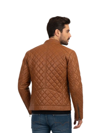 Man wearing a brown quilted jacket on a white background