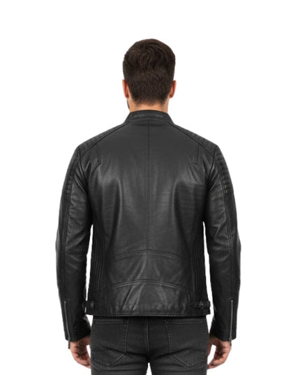 Man wearing a black leather jacket on a white background