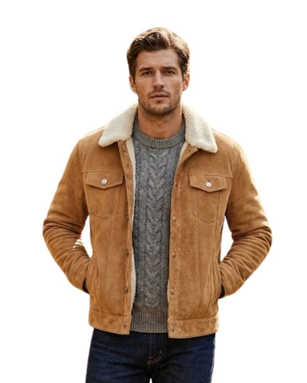 Man wearing a brown suede jacket with white fur lining on a white background