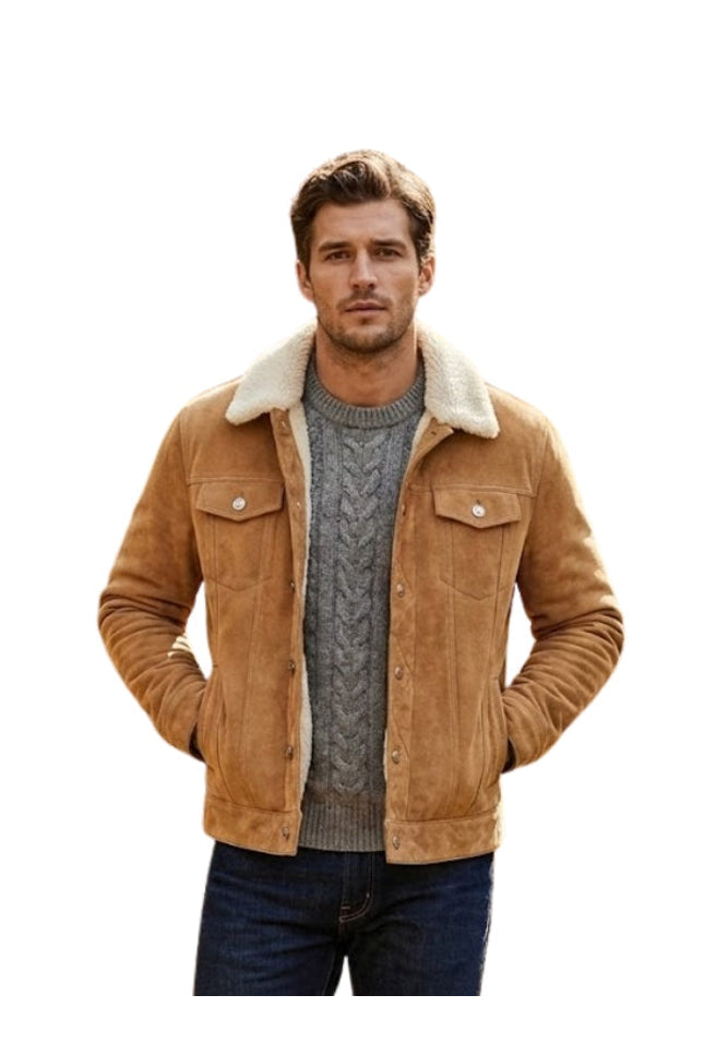 Man wearing a brown suede jacket with white fur lining on a white background