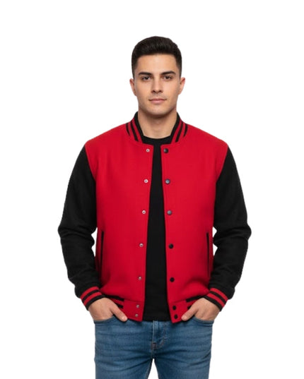 Man wearing a red and black varsity jacket on a white background