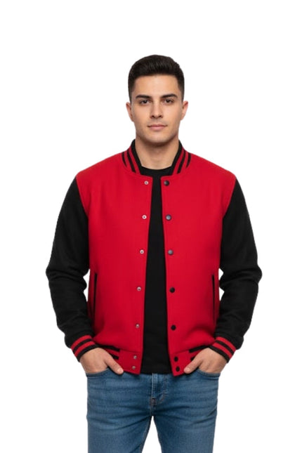 Man wearing a red and black varsity jacket on a white background