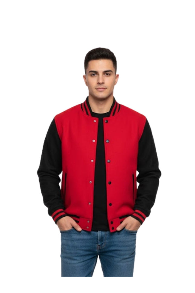 Man wearing a red and black varsity jacket on a white background
