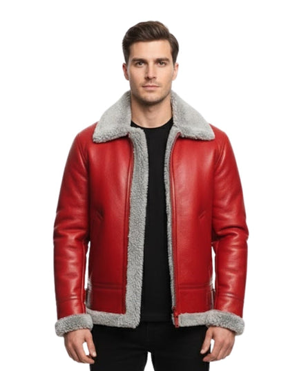 Man wearing a red leather jacket with gray fur lining on a white background