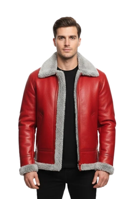 Man wearing a red leather jacket with gray fur lining on a white background