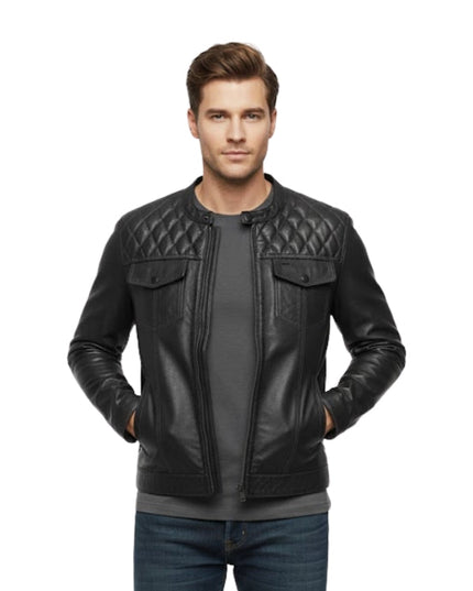 Man wearing a black quilted leather jacket on a white background