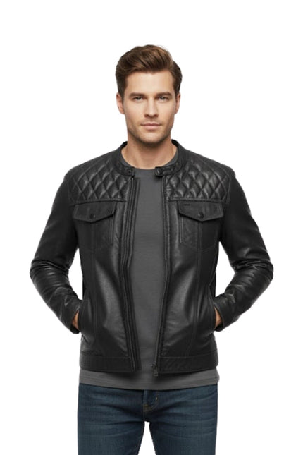 Man wearing a black quilted leather jacket on a white background