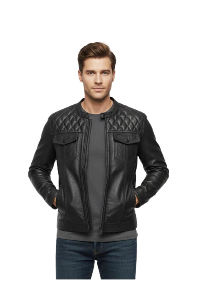 Man wearing a black quilted leather jacket on a white background