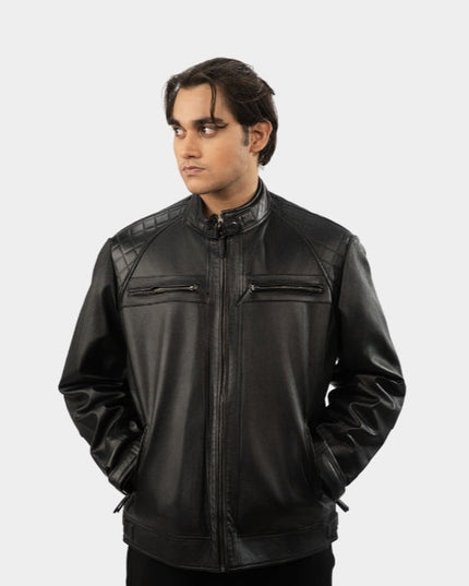 Man wearing a black leather jacket on a white background