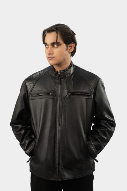 Man wearing a black leather jacket on a white background