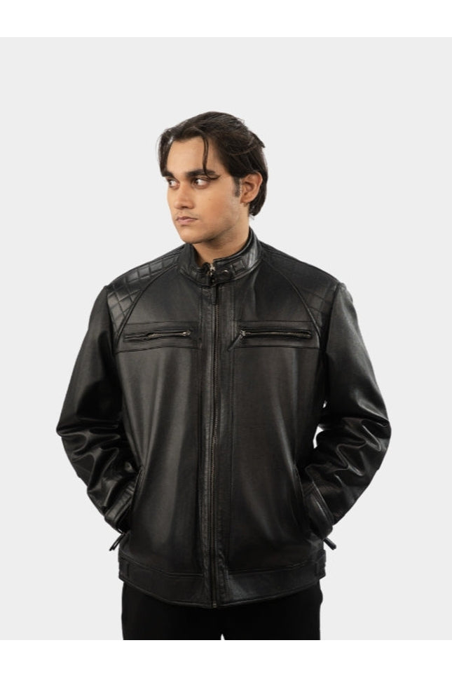 Man wearing a black leather jacket on a white background
