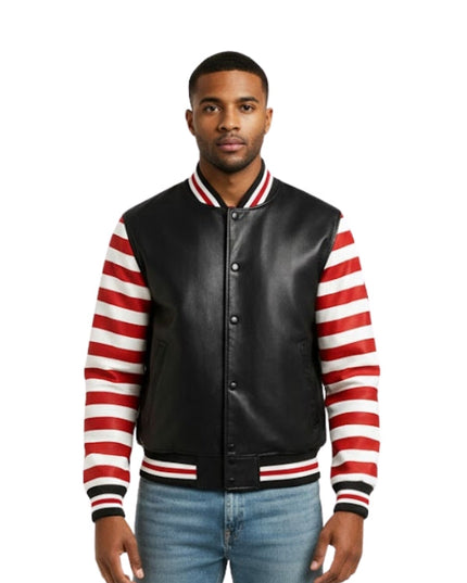 Man wearing a black leather varsity jacket with red and white striped sleeves on a white background