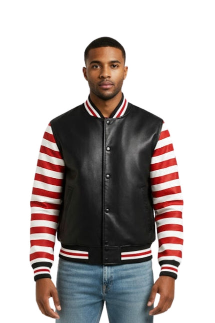 Man wearing a black leather varsity jacket with red and white striped sleeves on a white background
