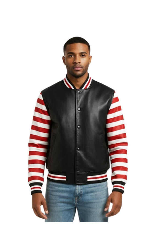 Man wearing a black leather varsity jacket with red and white striped sleeves on a white background