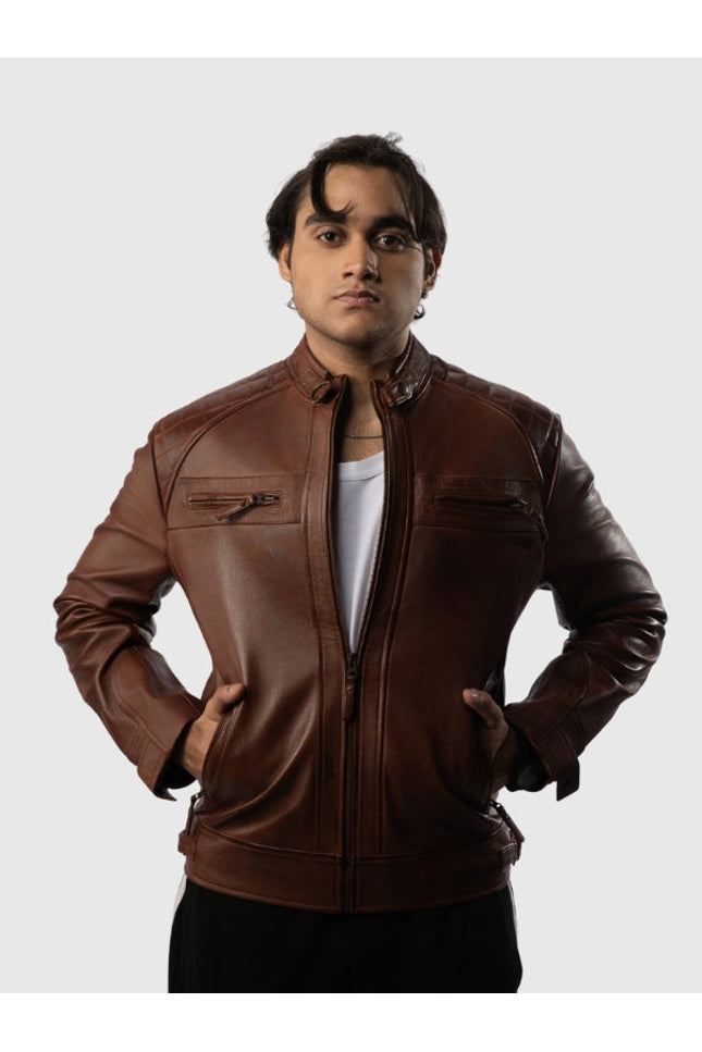 Man wearing a brown leather jacket on a white background