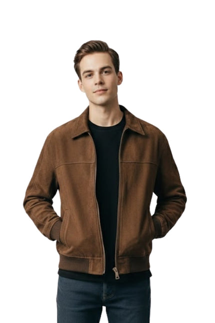 Man wearing a brown jacket on a white background