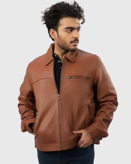Man wearing a brown leather jacket on a white background