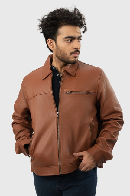 Man wearing a brown leather jacket on a white background
