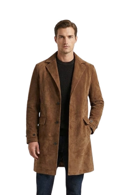 Man wearing a brown coat on a white background
