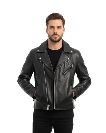 Man wearing a black leather jacket on a white background