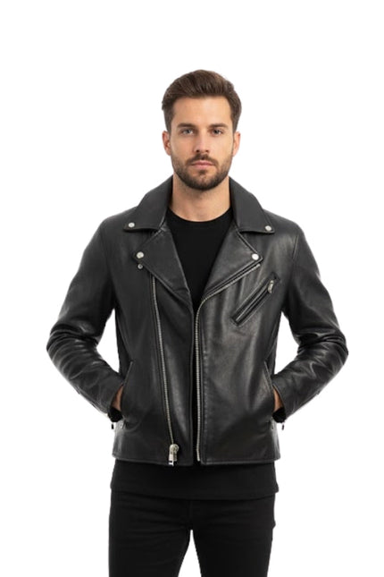 Man wearing a black leather jacket on a white background