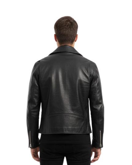 Man wearing a black leather jacket on a white background