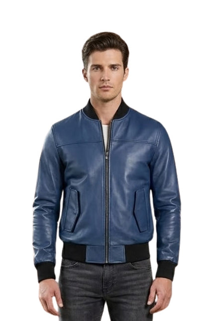Man wearing a blue leather jacket on a white background