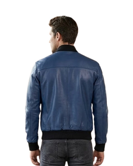 Man wearing a blue leather jacket on a white background