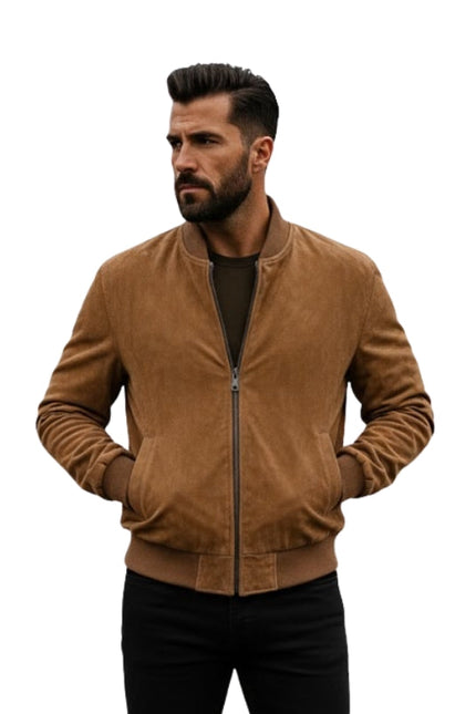 Man wearing a brown suede jacket on a white background