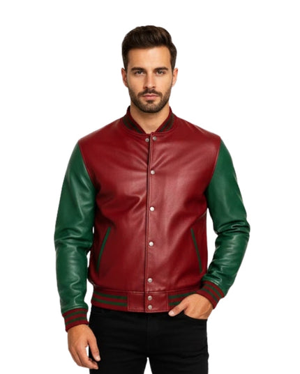 Man wearing a red and green leather jacket on a white background