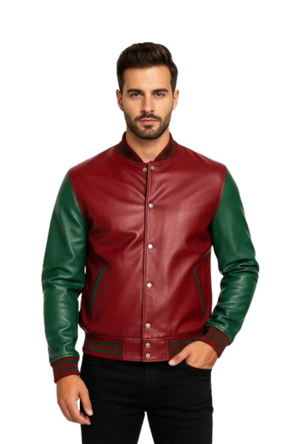 Man wearing a red and green leather jacket on a white background