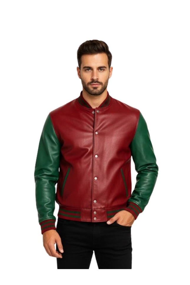 Man wearing a red and green leather jacket on a white background