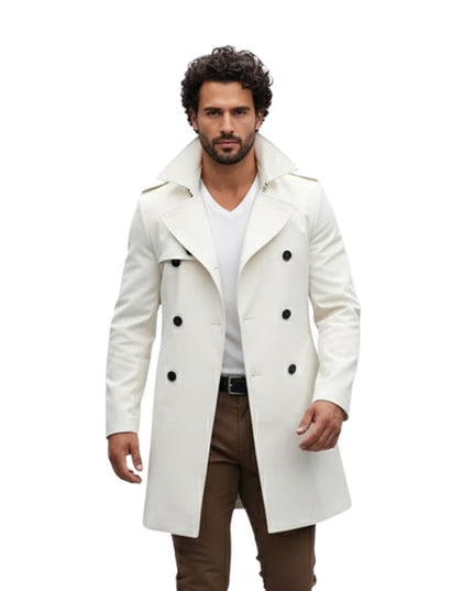 Man wearing a white coat with black buttons on a white background