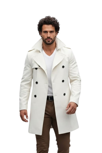 Man wearing a white coat with black buttons on a white background